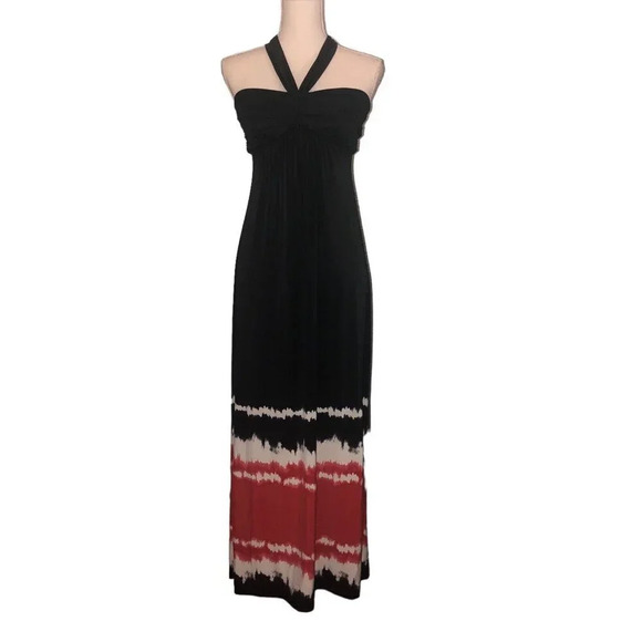 SOMA Sz XS Women Black Rust White Tie Dye Removable Cup Draped Halter Maxi Dress - Picture 1 of 8
